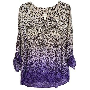 Chicos Glam Cheetah Robin Shirt Blouse Beige‎ Purple Ombre Size 2 (US 12-14)